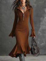 Women's Solid Color Collared Long Sleeve Casual Loose Knit Dress