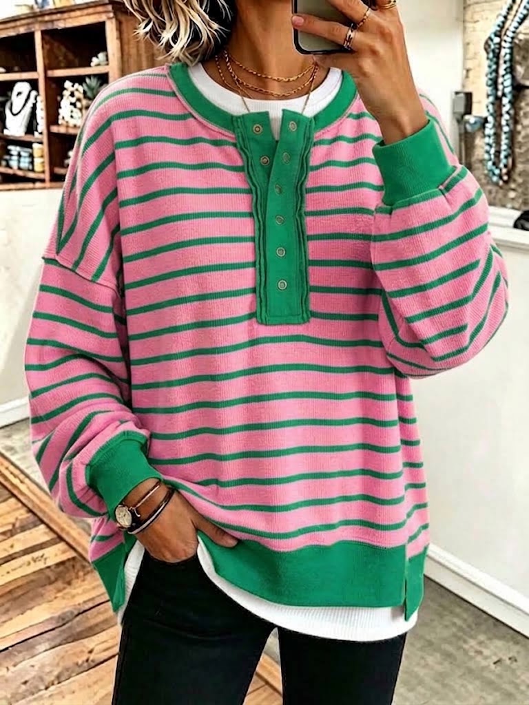 Color-block Loose Casual Long-sleeve Striped Button-up Sweatercolor-block Loose Casual Long-sleeve Striped Button-up Sweatercolor-block Loose Casual Long-sleeve Striped Button-up Sweater