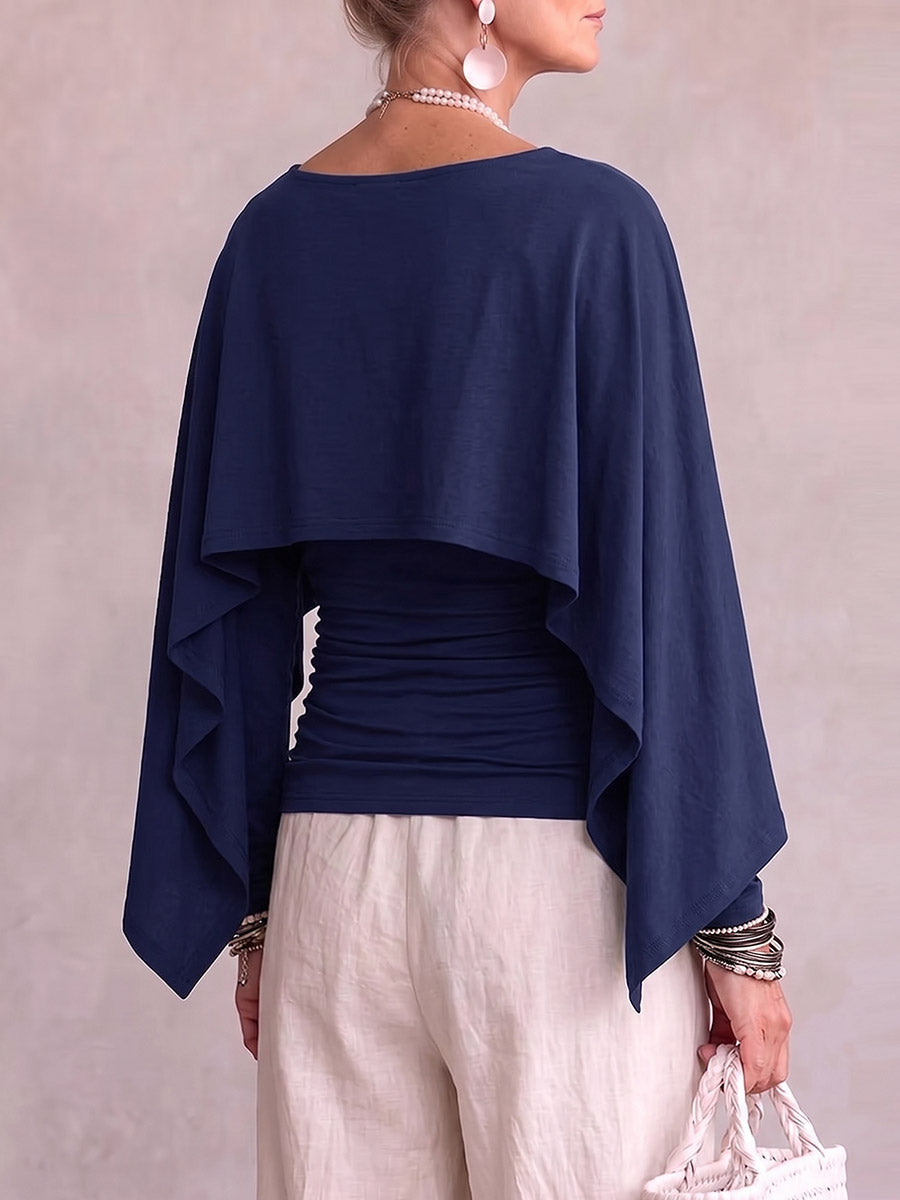 Women's Solid Color Round Neck Long-sleeved Casual Loose Cape-style Top