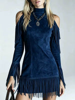 Striking Emerald Faux Suede Cold-Shoulder Fringe Dress