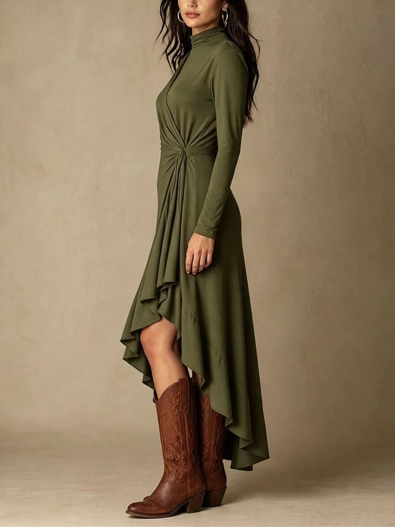 Chic Asymmetric Knitted Midi Dress With A Twisted, Waist-defining Detail