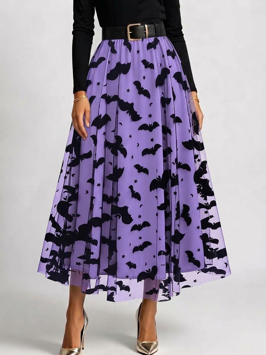 Polyester Women's High-waisted Casual Loose Halloween-themed Flocked Print Mesh A-line Skirt