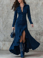 Women's Solid Color Lapel Long-sleeved Casual Loose A-line Slit Dress