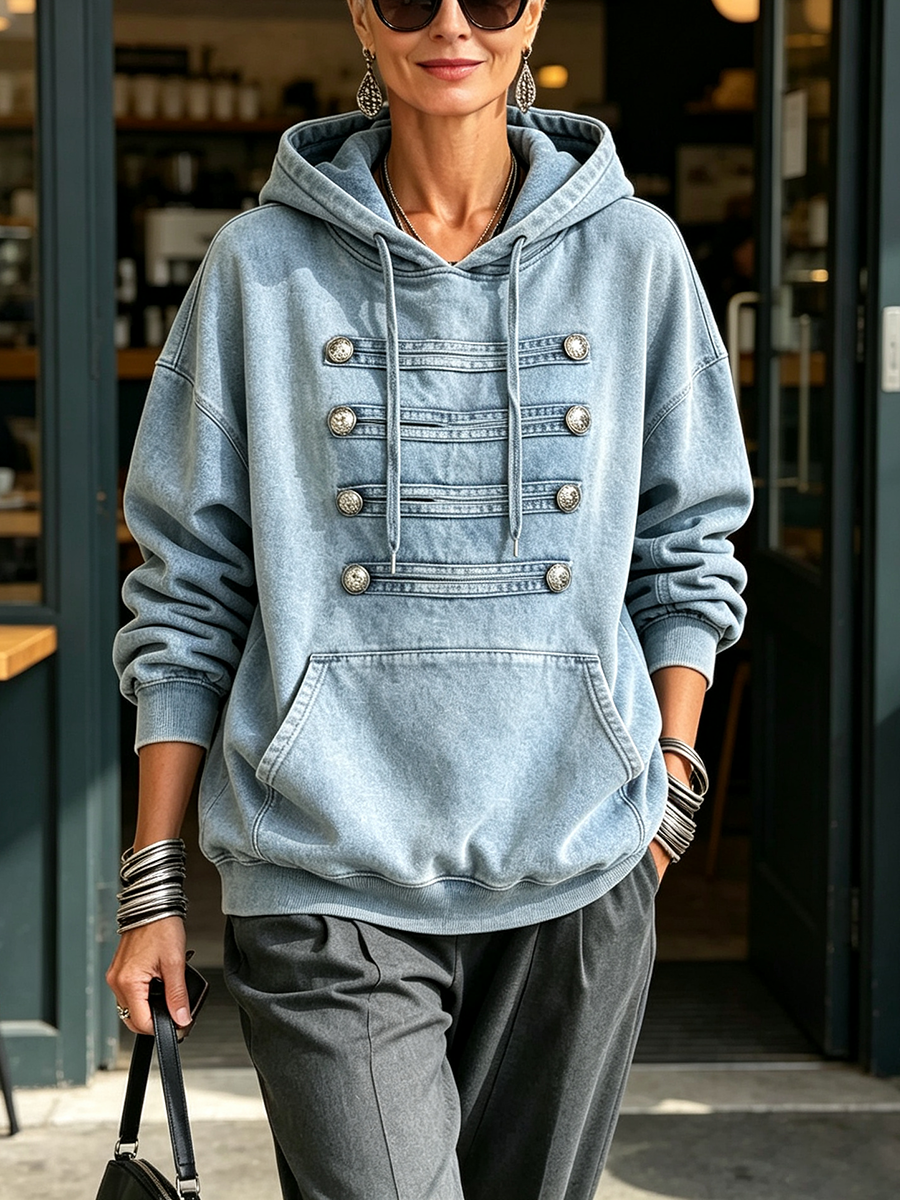 Vintage-chic Oversized Casual Denim Hoodie