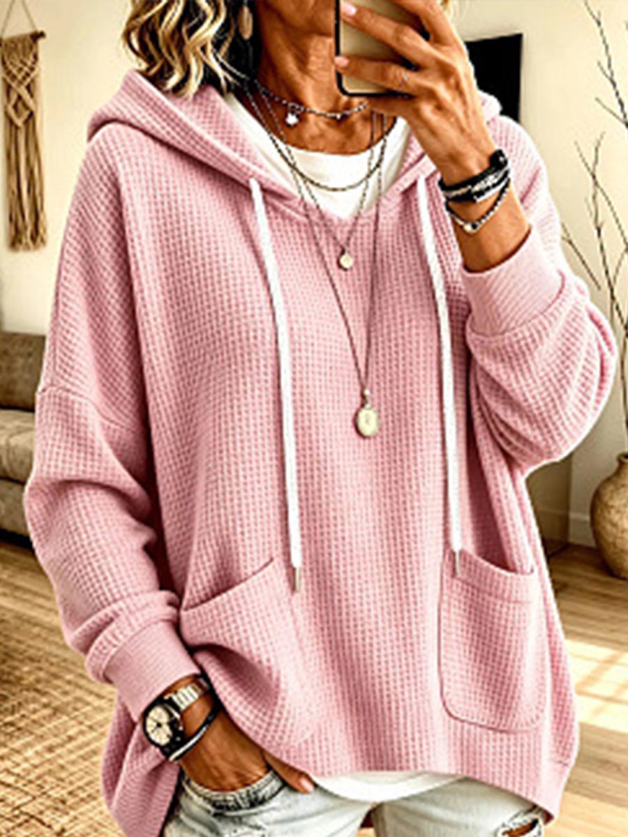 Women's Solid Color V-neck Long-sleeve Casual Loose Waffle Knit Hooded Top