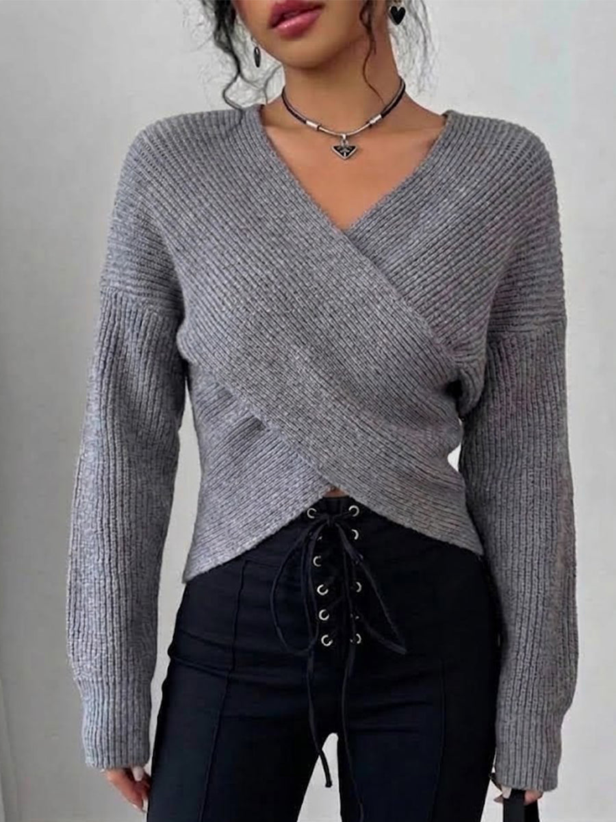 Solid-color Off-shoulder Knit Top With A Crossover V-neck