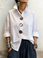 Elegant Stand-collar Metal Buttons Cotton Linen Blouse