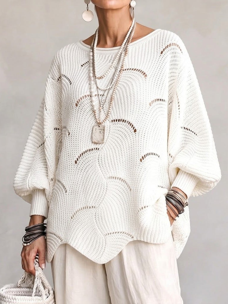 Hollow Wave Pattern Loose Lantern Sleeve Knit Top