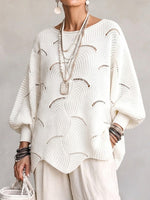 Hollow Wave Pattern Loose Lantern Sleeve Knit Top
