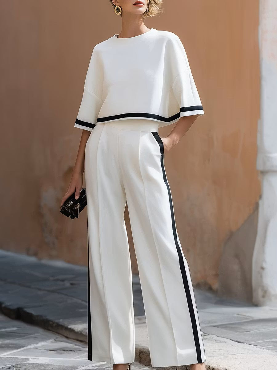 Casual Classic Cotton Two-piece Set With Black-and-white Color-block Trim