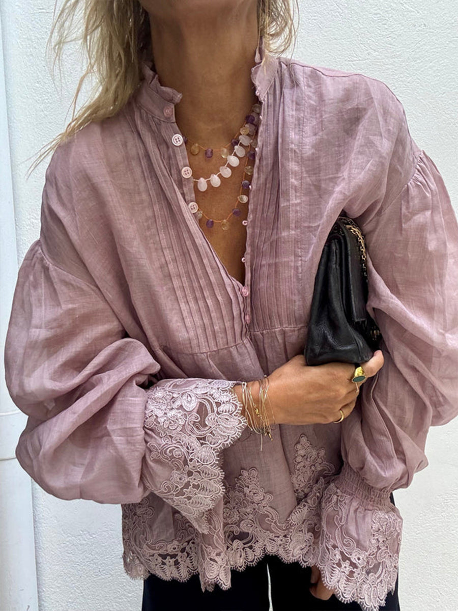 Romantic Lace-Trimmed Ruffle-Collar Blouse