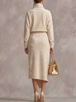 Women's Solid Color Stand Collar Long Sleeve Casual Loose Faux Suede Top And High Waist A-line Skirt Set