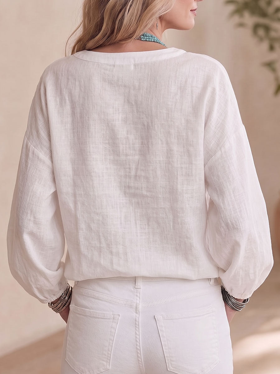 Women's Round Neck Long-sleeved Sequined Patchwork Casual Loose Cotton And Linen Top