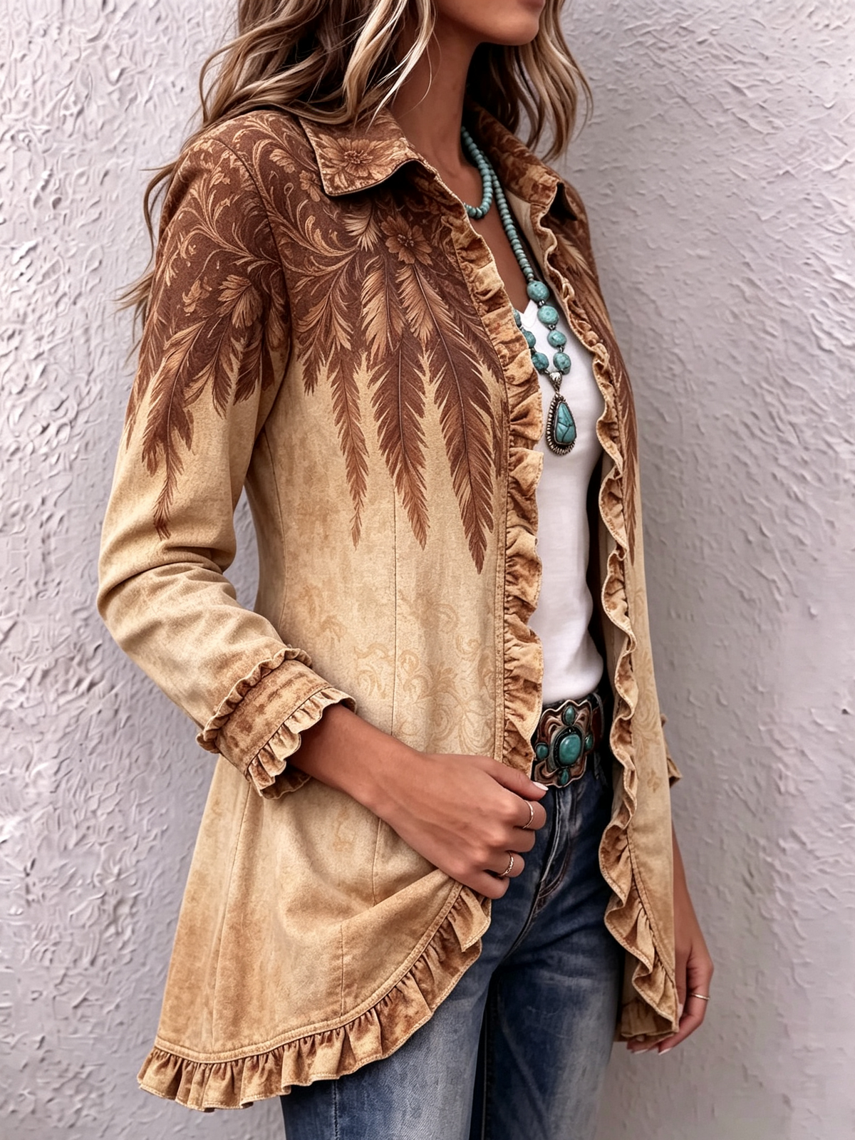Boho Chic Vintage Feather Floral Ruffle Jacket