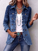 Retro Blue Rose Gradient Print Ruffle Jacket