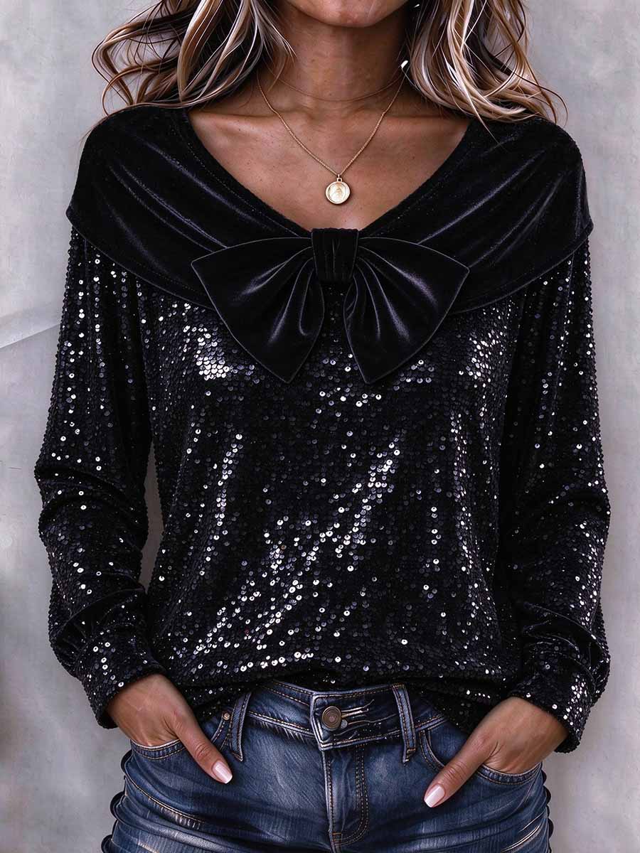Women's Black Sequin V-neck Top With Velvet Bow