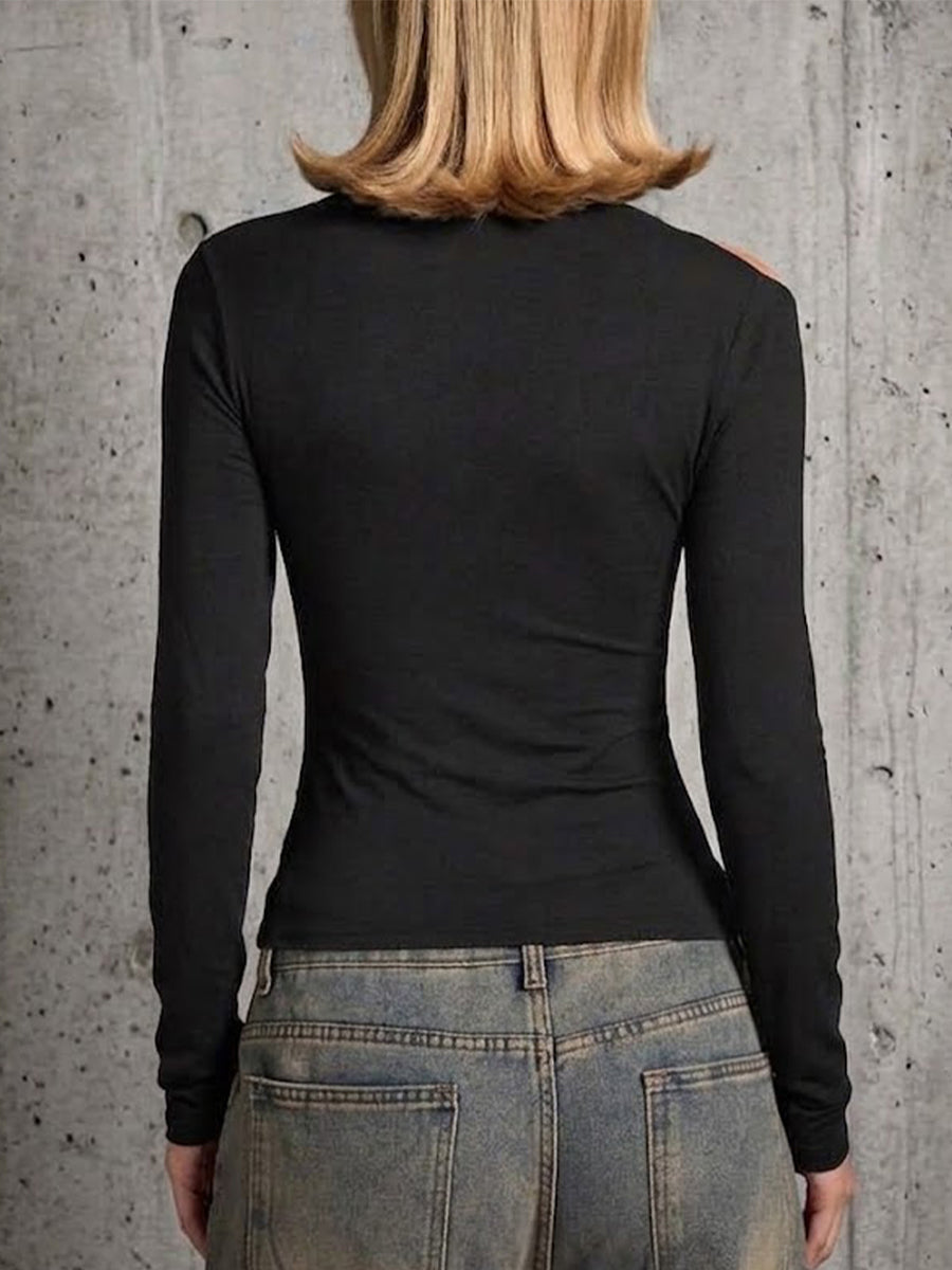 Long-sleeve Off-shoulder Halter Top With Metal Clasp And Twist Detail