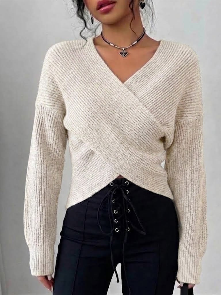 Solid-color Off-shoulder Knit Top With A Crossover V-neck
