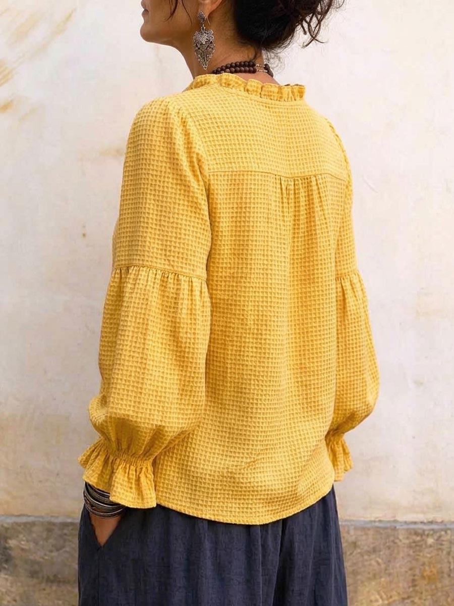 Women's V-neck Ruffle Trim Waffle Knit Button-down Top