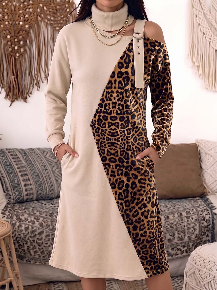 Women's High-neck Off-shoulder Long-sleeved Casual Loose-fitting Warm Printed Patchwork Sweatshirt Dress