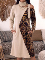 Women's High-neck Off-shoulder Long-sleeved Casual Loose-fitting Warm Printed Patchwork Sweatshirt Dress