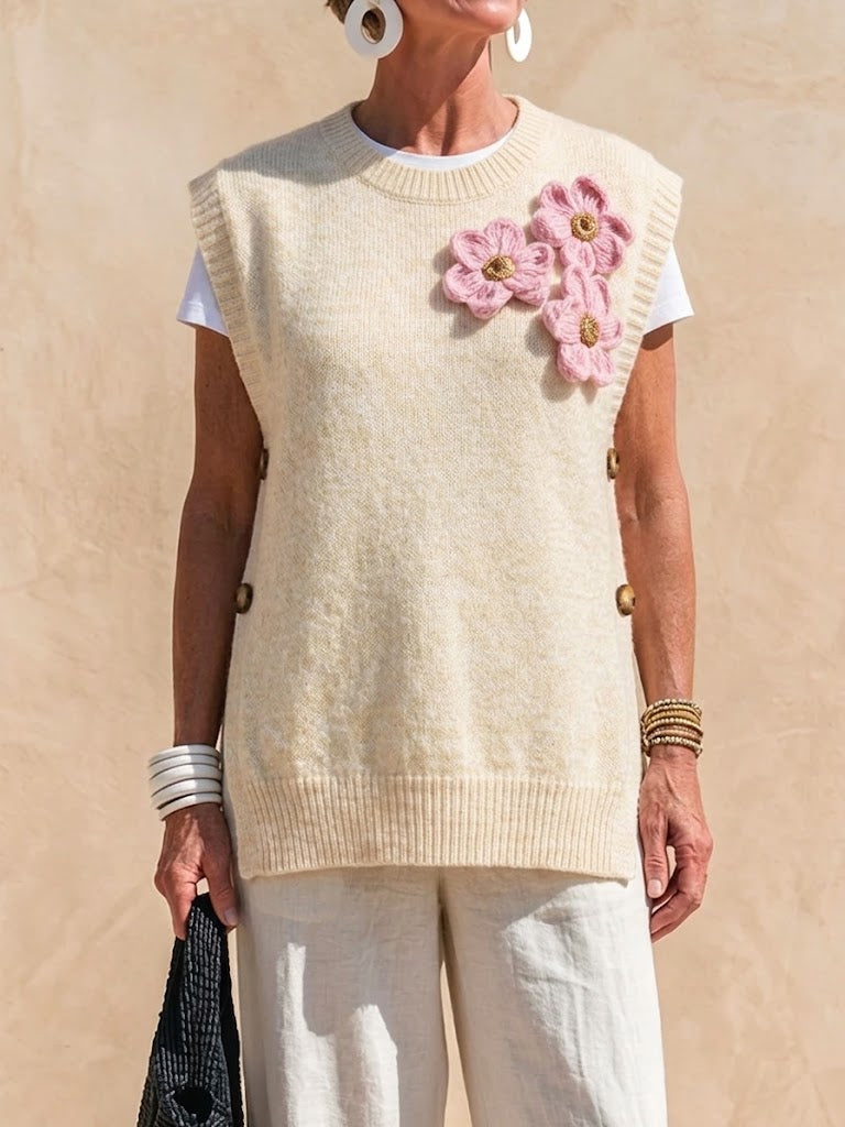 3d Crochet Floral Side‑button Knit Vest