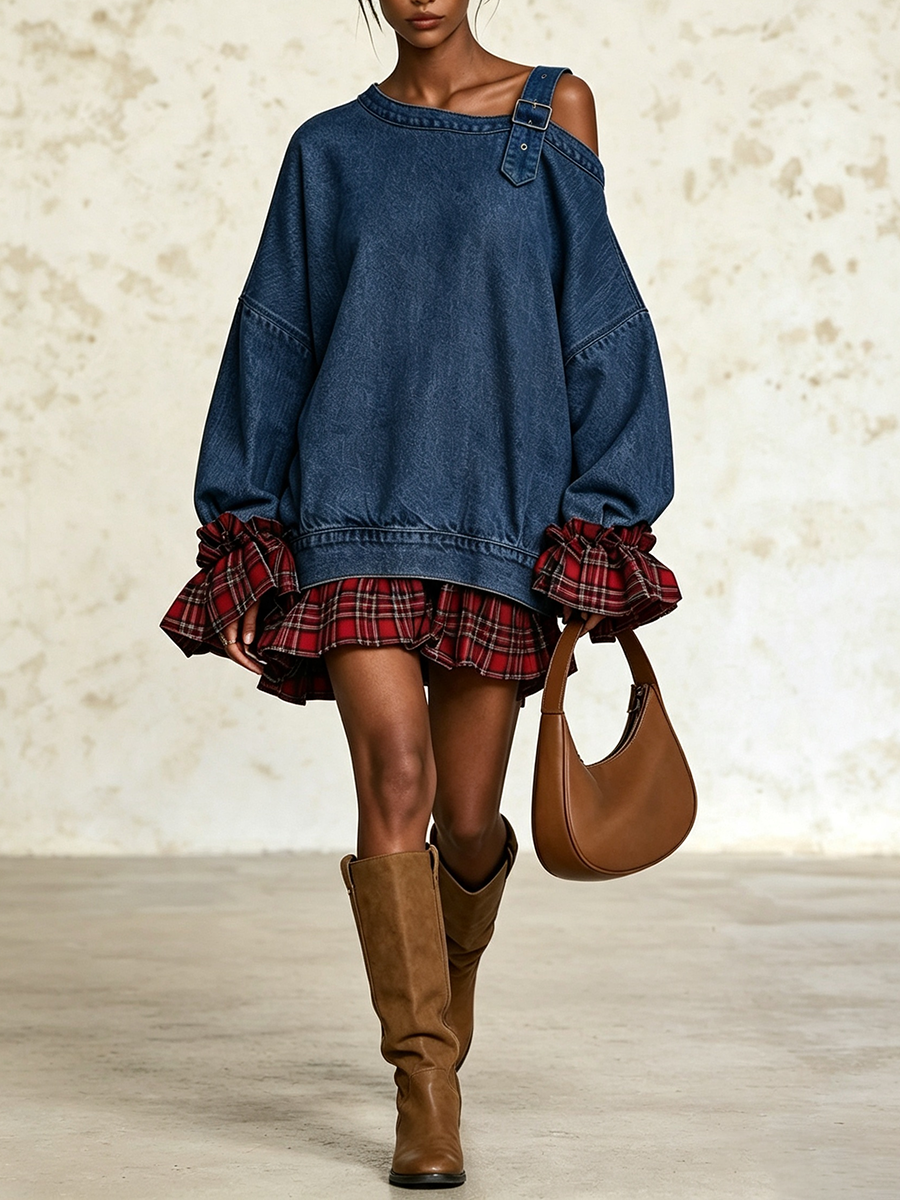 Edgy Buckle Strap Asymmetrical Denim Mini Dress