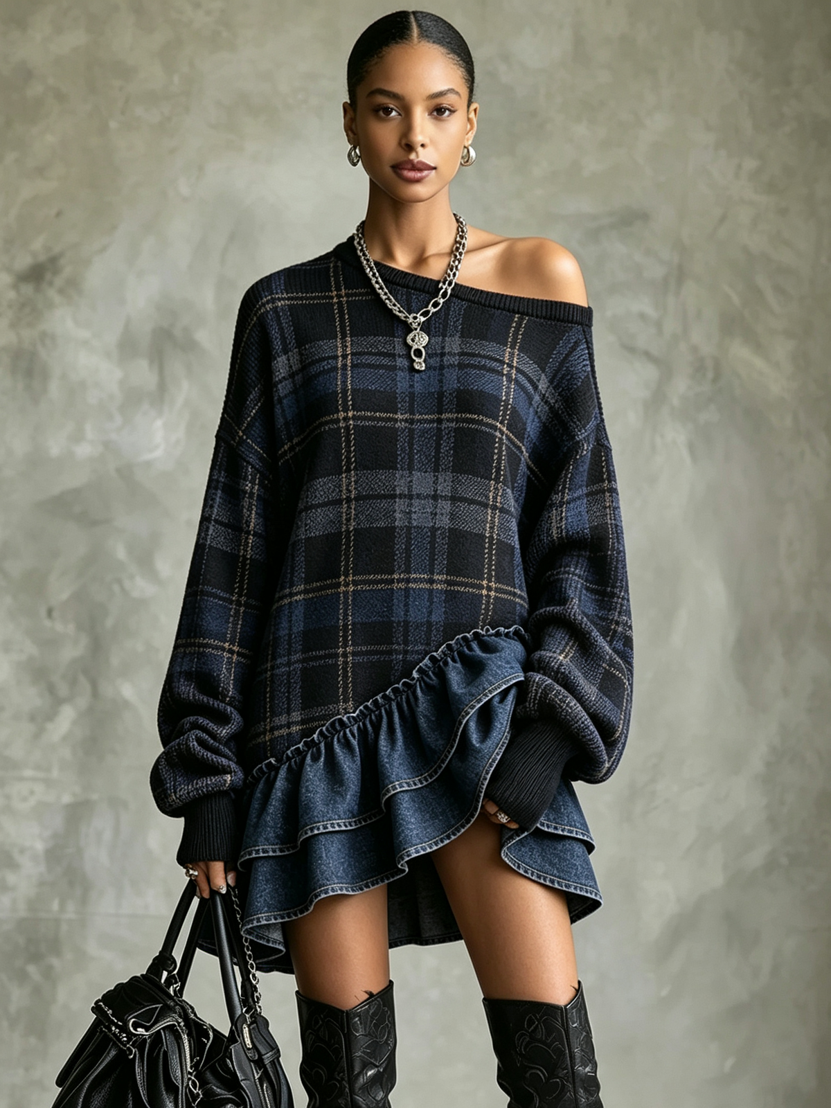 Chic Plaid Sweatshirt Denim Ruffle Hem Dress