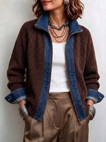 Chic Denim-Trim Ribbed Knit Zip-Up
