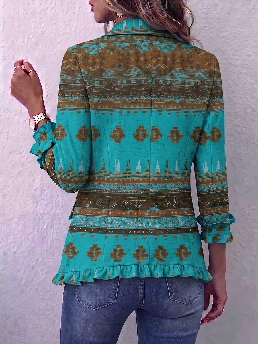 Women's Retro Geometric Print Lapel Long Sleeve Casual Loose Cotton Cardigan