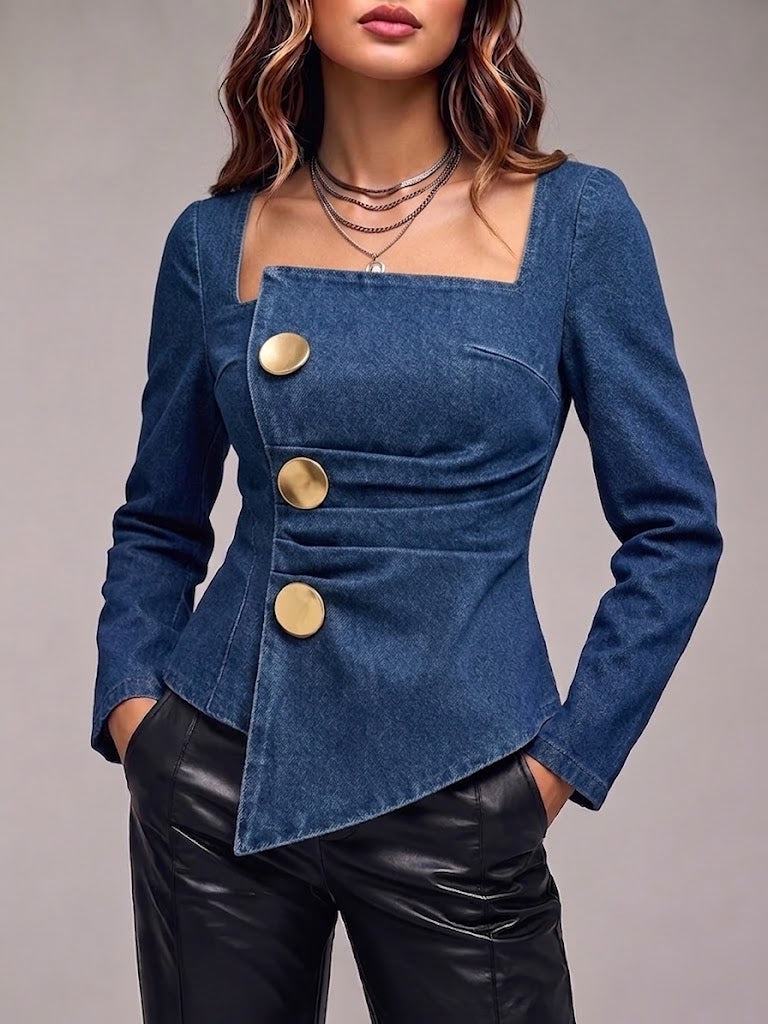 Stylish Asymmetric Denim Top With Square Neck And Gold Buttons