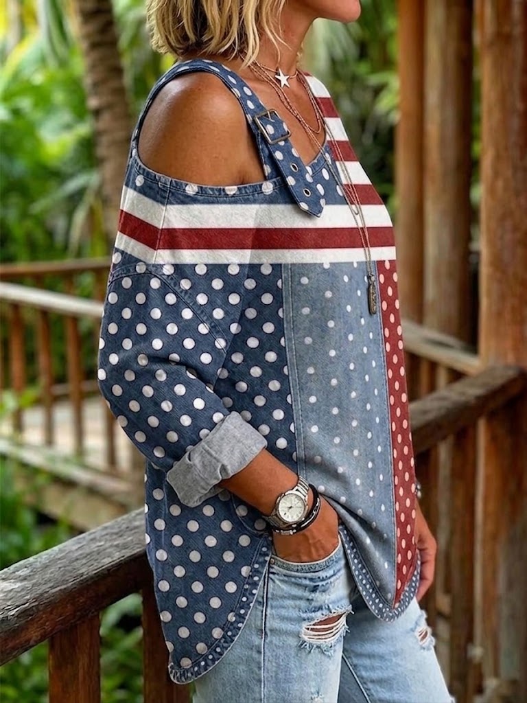 Color-block Polka-dot And Striped Cotton-linen Top With An Asymmetric Shoulder And Buckle Detail