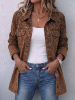 Women's Printed Collared Long-sleeved Casual Loose Cotton Cardigan