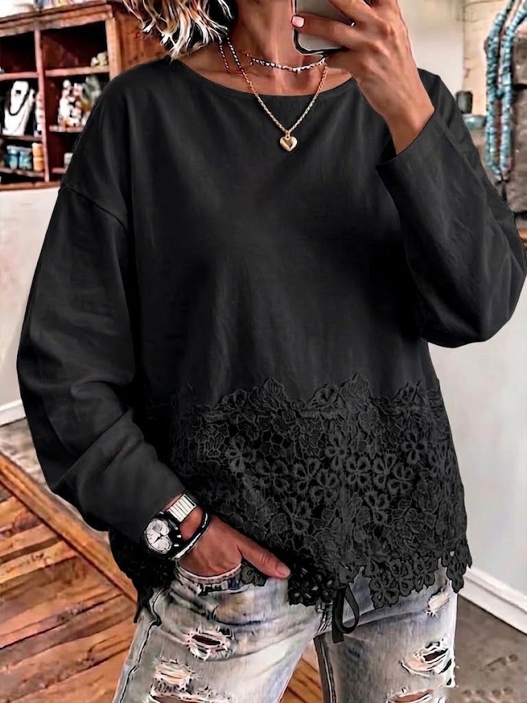 Floral Lace‑hem Oversized Long‑sleeve Top