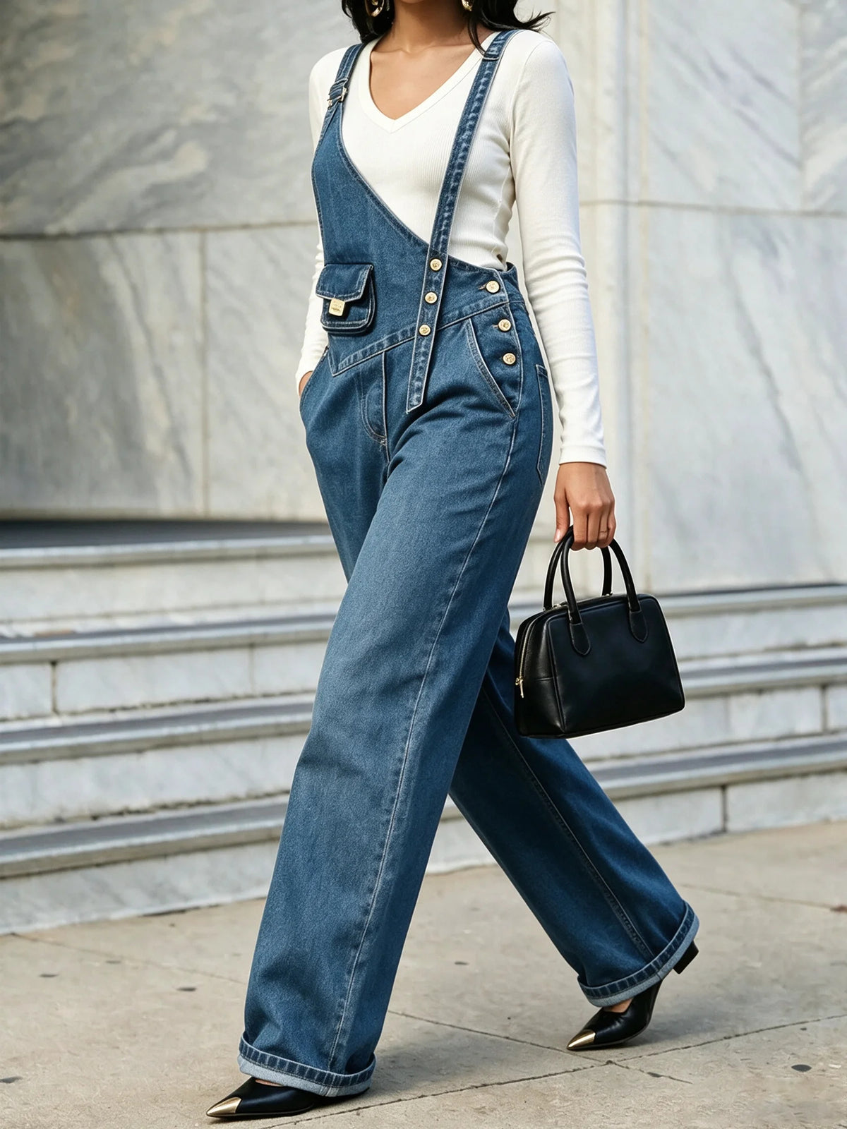 Modern Asymmetrical Wide-Leg Denim Overalls