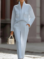 Women's Solid Color Stand Collar Long Sleeve Casual Loose Top And High Waist Casual Straight Leg Pants Cotton Linen Set