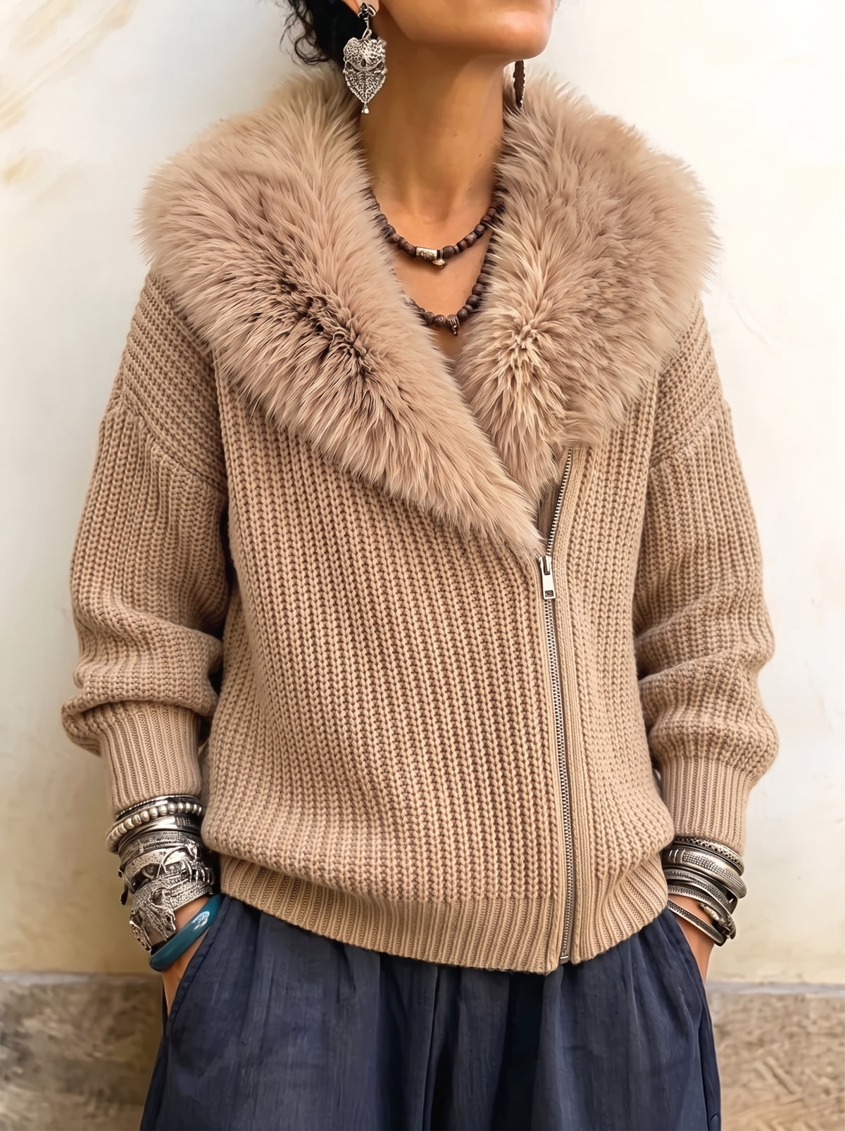 omen's Faux Fur Collar Ribbed Knit Cardigan - Asymmetrical Zip Chunky Sweater Jacket