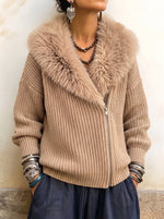 omen's Faux Fur Collar Ribbed Knit Cardigan - Asymmetrical Zip Chunky Sweater Jacket