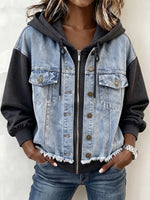 Edgy Denim Spliced Zip-Up Hoodie Jacket