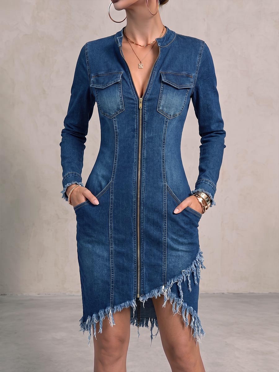 Women's Stand Collar Long Sleeve Casual Slim Fit Denim Dress