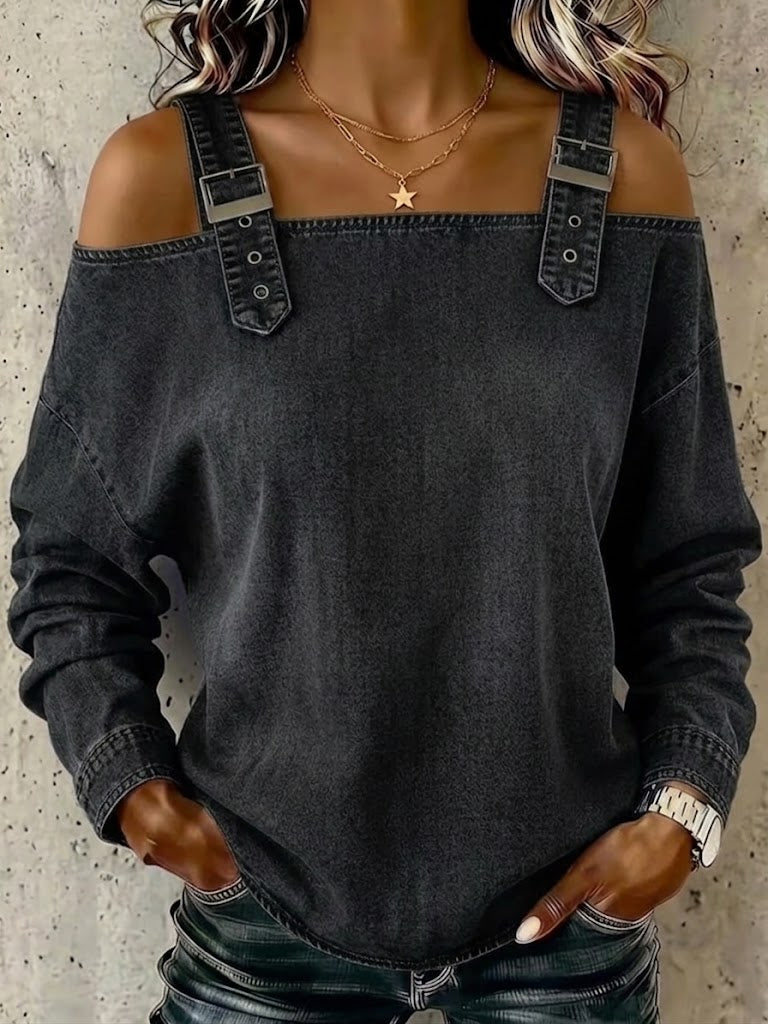 Adjustable Strap Cold‑shoulder Denim Long Sleeve Top
