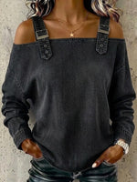 Adjustable Strap Cold‑shoulder Denim Long Sleeve Top