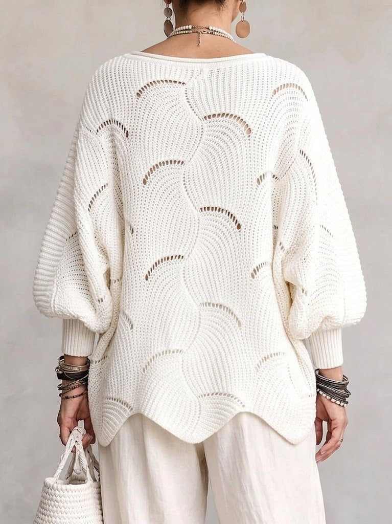 Hollow Wave Pattern Loose Lantern Sleeve Knit Top