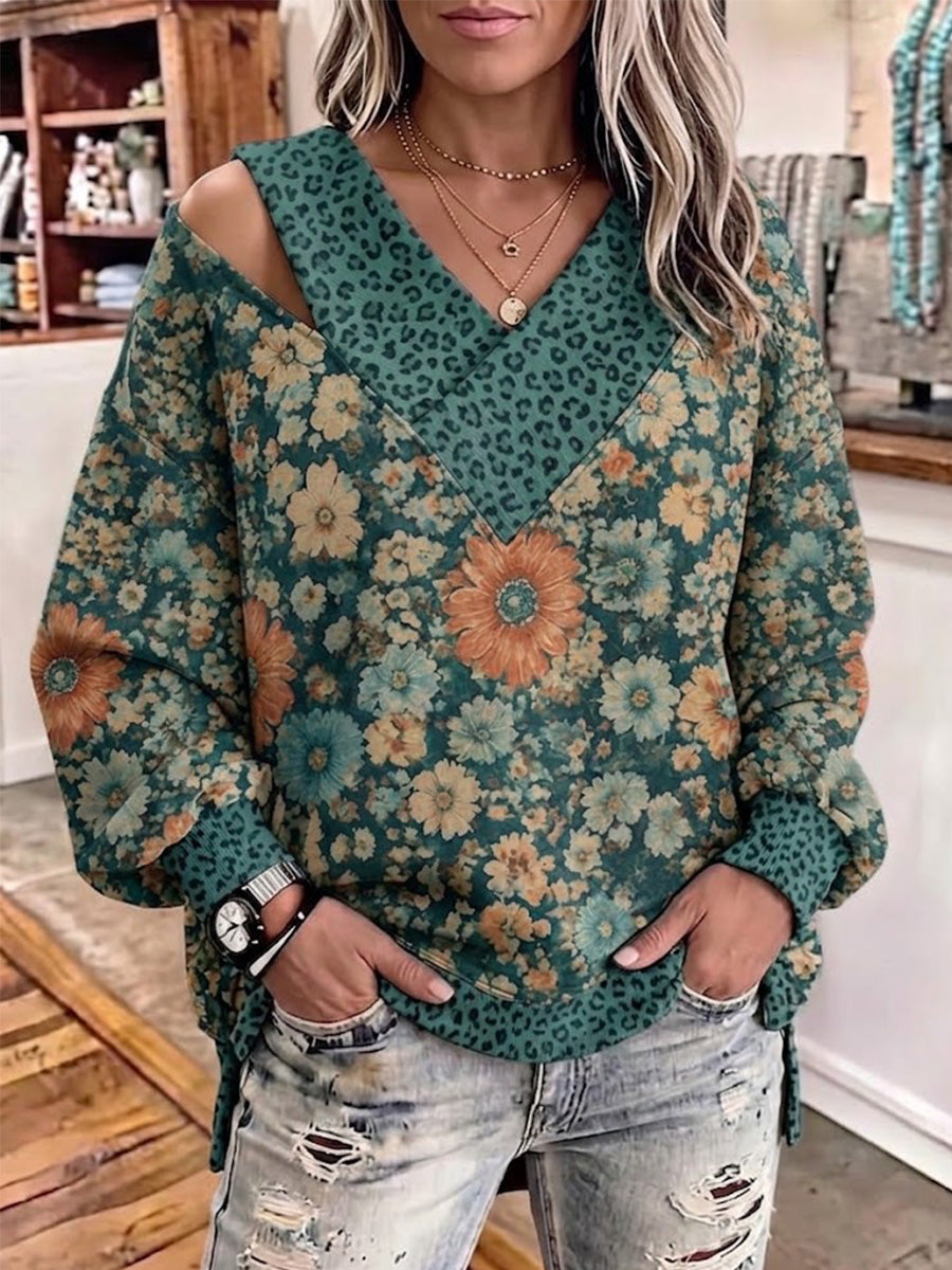 Vintage Floral And Leopard Print Patchwork Asymmetric Cut-out Top