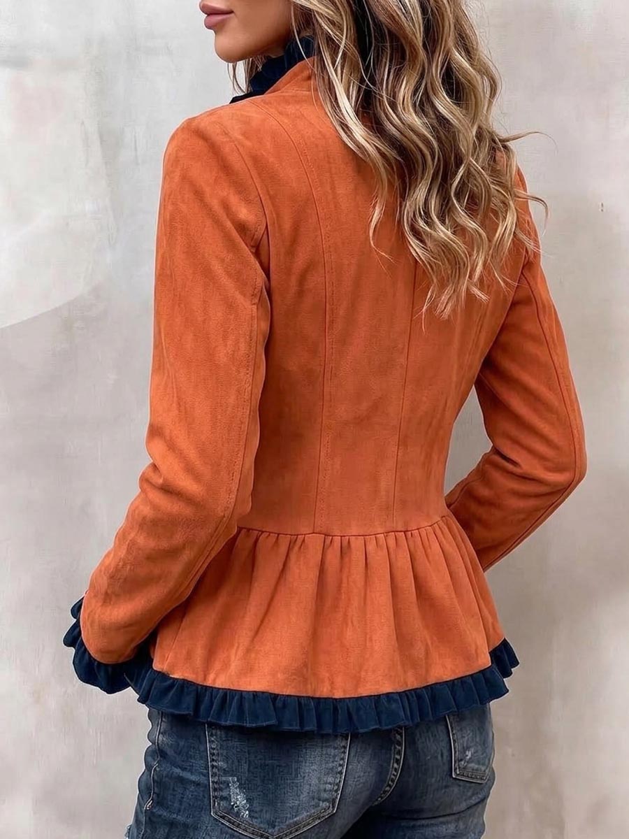 Women's Vintage Suede-Like Peplum Jacket with Ruffle Trim.