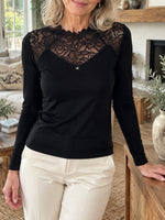Chic Long-sleeve Knit Top With Lace Panels And Rhinestone Embellishments