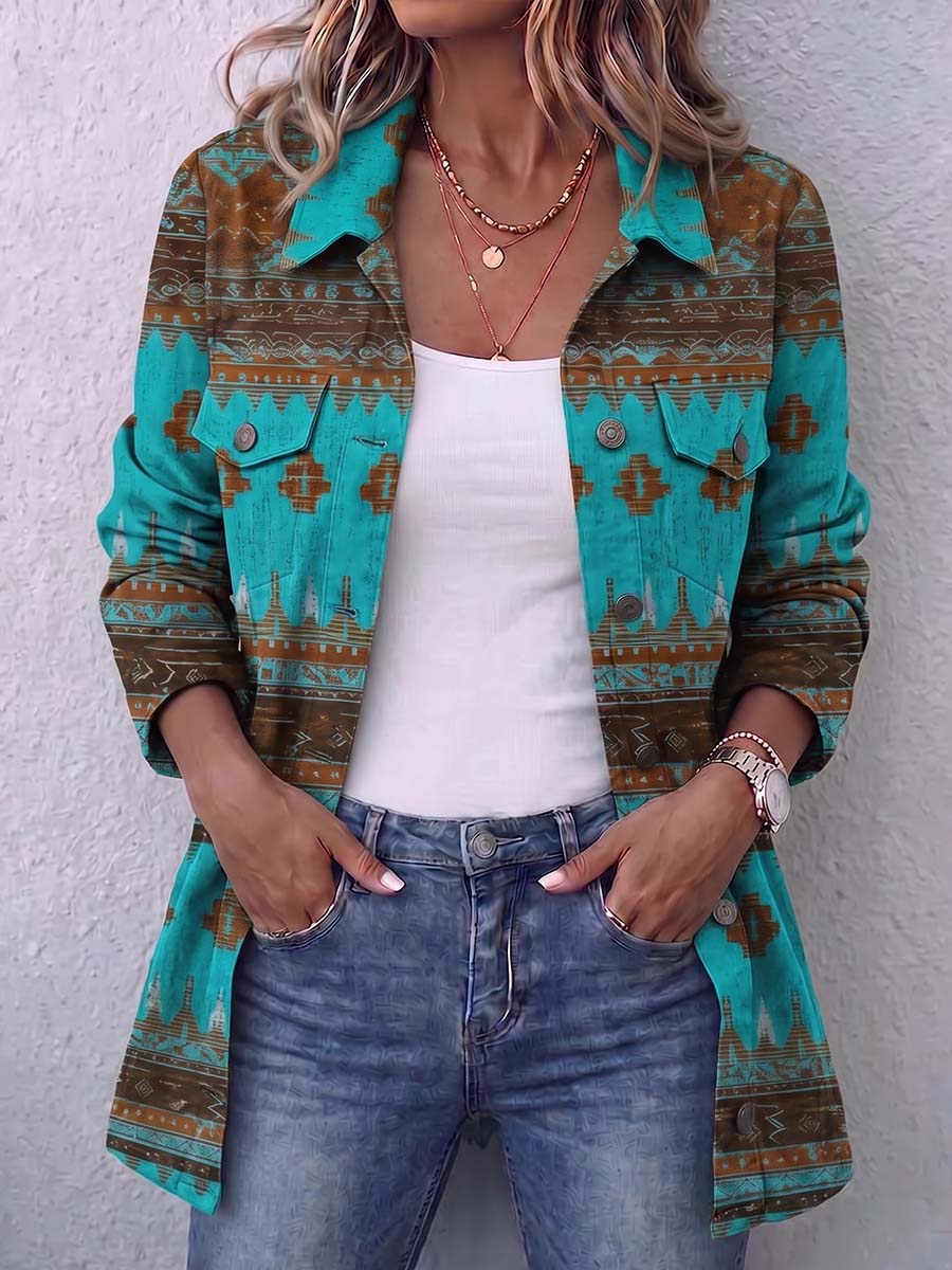 Women's Retro Geometric Print Lapel Long Sleeve Casual Loose Cotton Cardigan