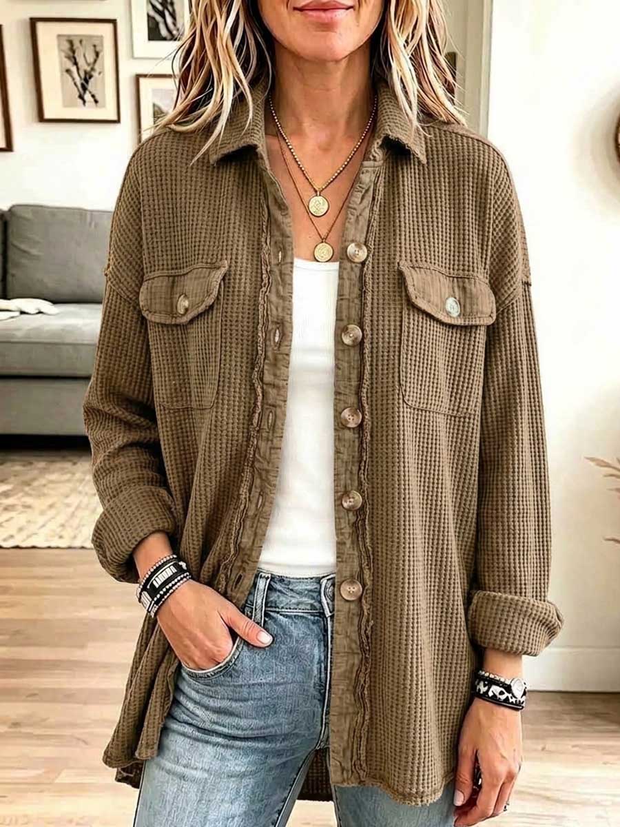 Women's Solid Color Collared Long-sleeved Casual Loose Waffle Shirt