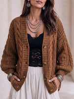Women's Solid Color V-neck Long Sleeve Casual Loose Knit Cardigan