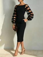 Chic Elegant Fall Formal Sheer Mesh Sleeve Bodycon Midi Dress